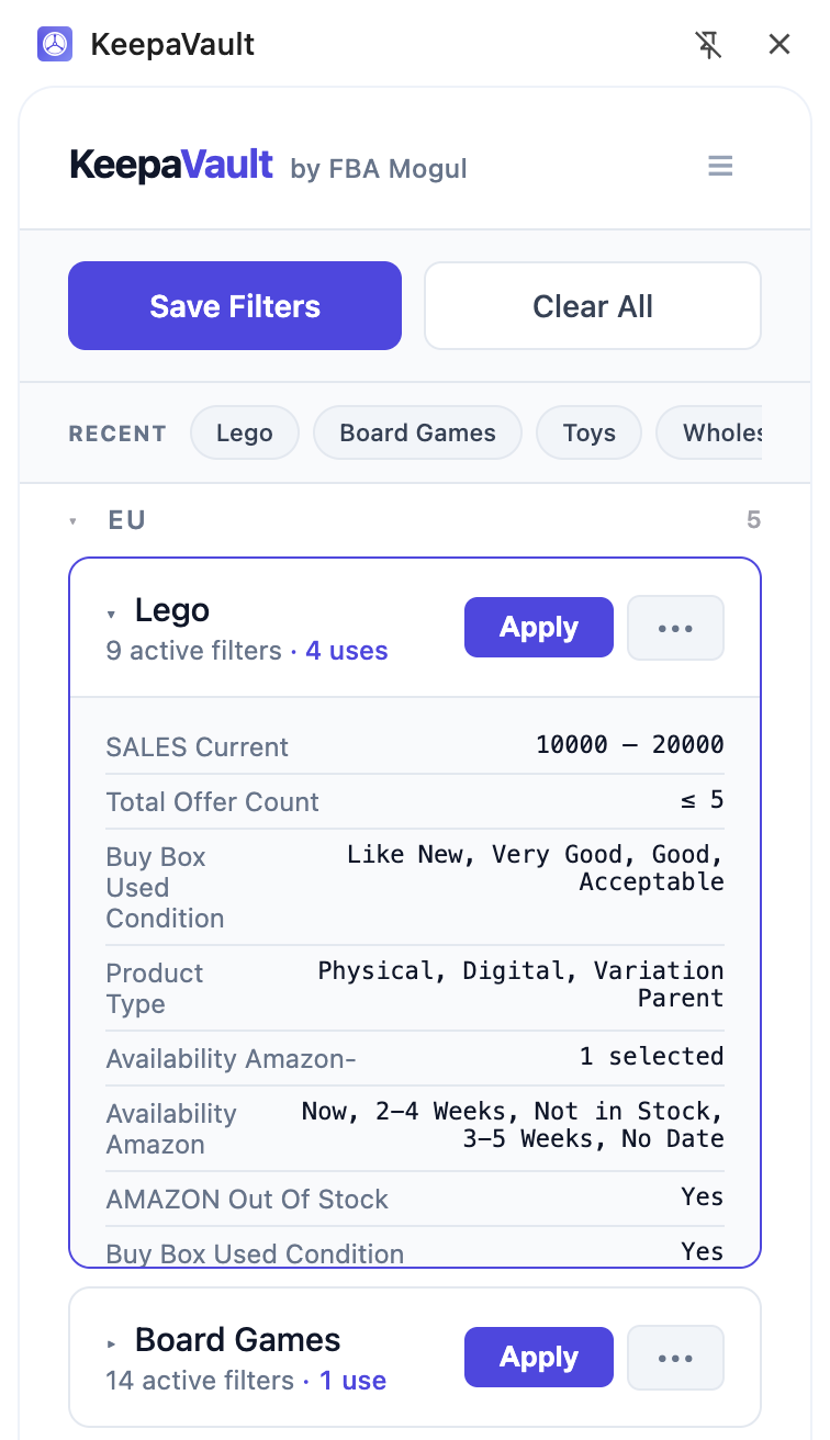 KeepaVault preset expanded showing saved filter values including sales rank, offer count, and product type